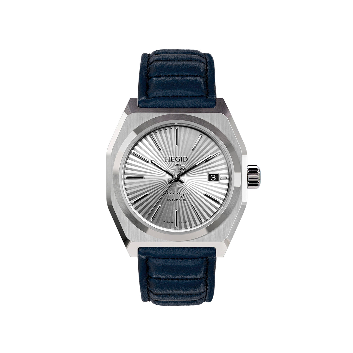 Hegid Silver Mirage Soleil with blue leather strap in frontal view