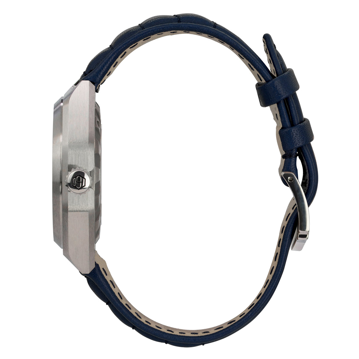Hegid Silver Mirage Soleil viewed in profile on navy blue strap
